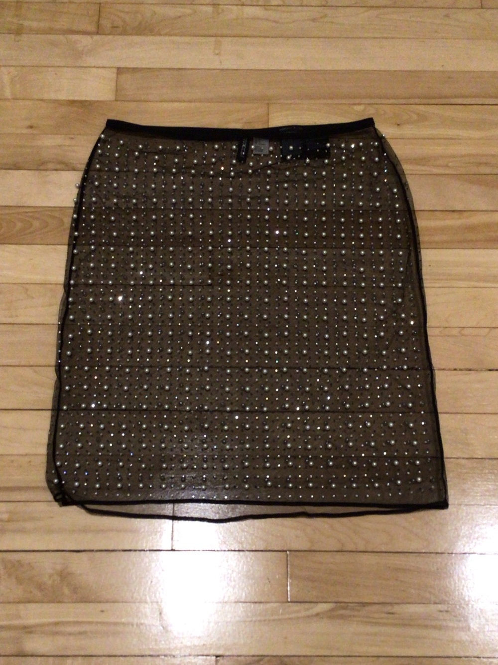 Modern Evening Wear Glam Chic Sheer Black Mini Skirt with Pearls and Rhinestone